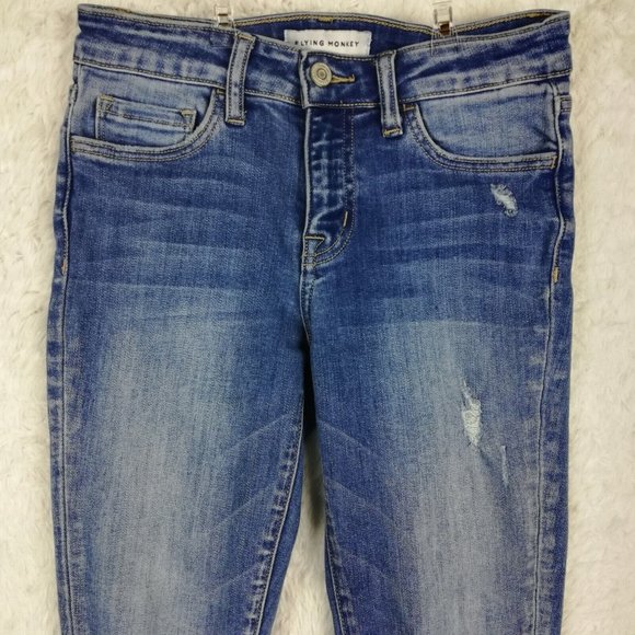 Flying Monkey Womens Jeans Skinny Blue Denim Ripped Raw Hem‎ Light Wash 25 - Picture 3 of 12